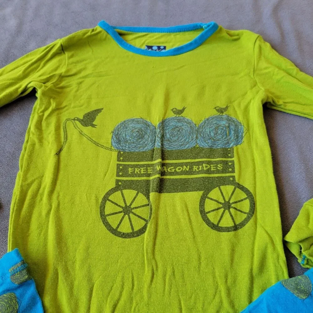 KicKee Outfit Boys 5 Set Blue Green‎ Pants Shirt Bamboo Hay Free Wagon Ride Bird